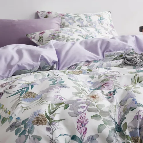 Juego de funda de edredón estilo jardín floral, juego de ropa de cama de acuarela púrpura, flores suaves y lisas, patrón botánico verde, 3 piezas, 1