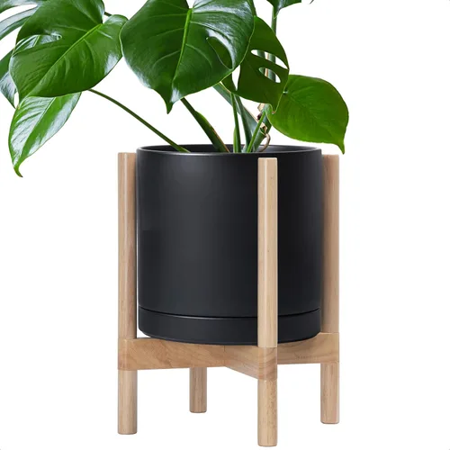 Miniatura 85 de D'vine Dev Maceta de cerámica con soporte de ébano – Maceta redonda moderna de 8 pulgadas con soporte para maceta de madera, color negro, 55-B-M-2