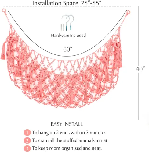 Miniatura 5 de Red grande para animales de peluche o hamaca para pared plana montada en la pared, hamaca de juguete de macramé hecha a mano, exhibición de felpa