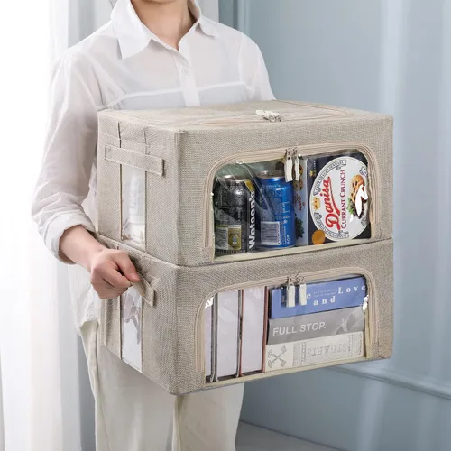 Miniatura 8 de CYhom Paquete de 3 contenedores plegables de almacenamiento - Caja de almacenamiento con marco de tela de lino apilable para ropa con ventana