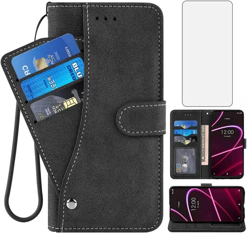 Asuwish Compatible con T-Mobile Revvl 5G - Funda tipo cartera y protector de pantalla de vidrio templado, funda con tapa abatible, soporte para