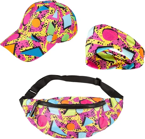 Riñonera de neón de los años 80 y 90, paquete de cinturón retro, bolsa de cintura casual para hombres y mujeres y gorras de béisbol, sombreros con
