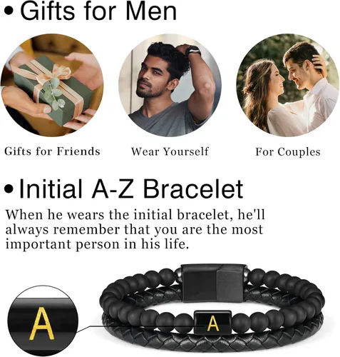 Miniatura 6 de Layered Leather Beads Initial Bracelets for Men, Braided Leather Natural Stone Bracelets for Men with Magnetic Clasp Mens Leather Beaded Bracelets