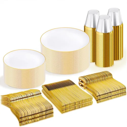 Miniatura 21 de WDF - 150 piezas de platos de plástico negros - Platos desechables negros y dorados - Juegos de vajilla desechables para 25 invitados