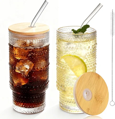 Miniatura 13 de Vasos de vidrio vintage con tapas y pajitas de bambú de 16 onzas, vaso vintage en relieve floral tazas de vidrio para whisky, cerveza, tazas de café