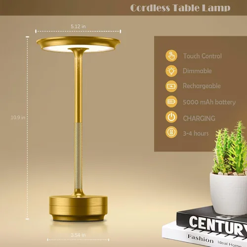 Miniatura 7 de Lámparas de mesa recargables inalámbricas, lámpara de mesa portátil de 5000mAh con control táctil, atenuación continua de 3 colores, lámpara de mesa
