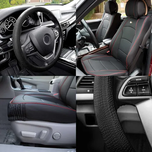 FH Group Cojines para asiento Ultra Comfort de piel sintética de alta calidad para el set delantero con regalo – Ajuste universal para coches, negro