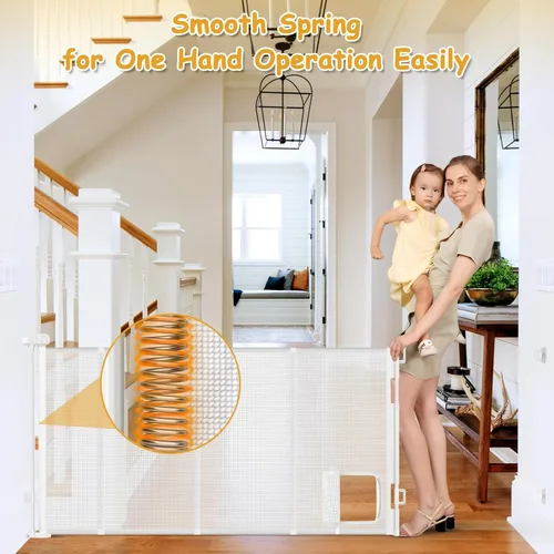 Miniatura 5 de Puerta retráctil extra ancha reforzada de 90 pulgadas para bebés con puerta para gatos, puertas retráctiles de 33 pulgadas de alto para perros Blanco