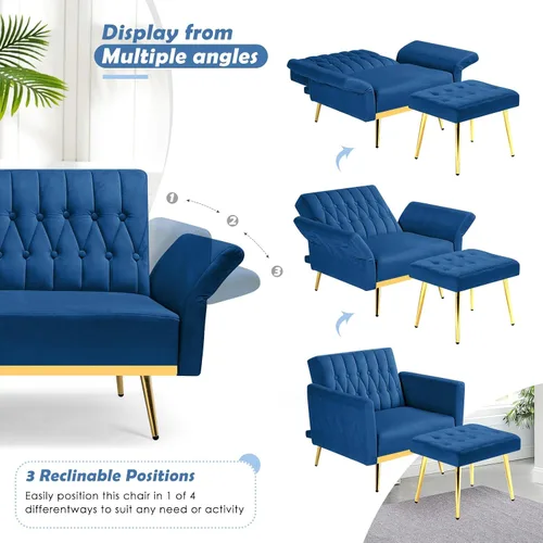 Miniatura 4 de Silla decorativa de terciopelo con respaldo y reposabrazos ajustables, sillón reclinable individual con otomana y patas mentales doradas para sala