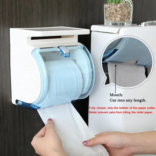 Miniatura 6 de Soporte de papel higiénico para montaje en pared, dispensador de papel higiénico de plástico impermeable a prueba de gatos con estante, autoadhesivo