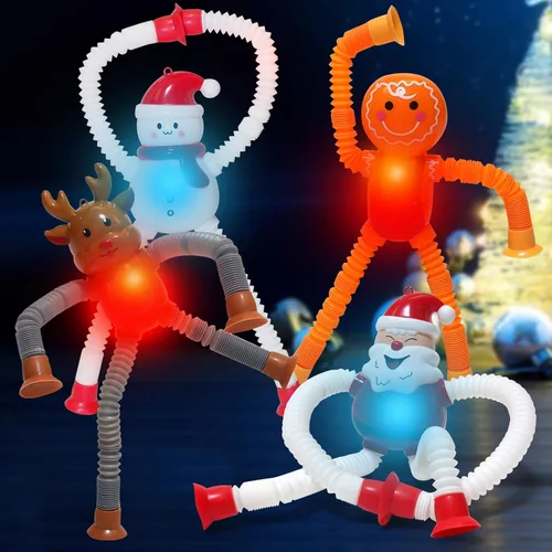 Tubos Pop de Navidad con LED que se Iluminan 4 Piezas Juguetes Sensoriales Fidget, Juguetes de Santa con Ventosa Telescópica Autismo Regalos de