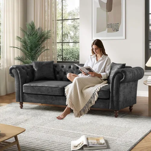 Miniatura 12 de Chesterfield Tech - Sofá biplaza de tela de 66 pulgadas, tapizado de tela de alta tecnología, con brazos enrollados, moderno de mediados de siglo