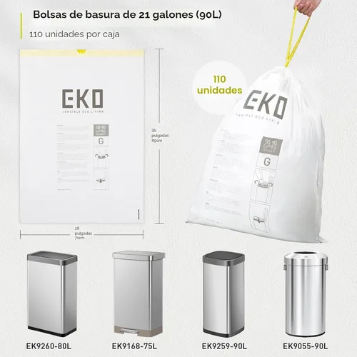 Miniatura 5 de EKO 21 galones / 50-90 litros, 110 unidadesBolsas de basura con cordón de tracción extra resistentes y sin perfume, rollo de fácil dispensación