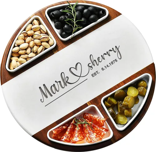 Miniatura 13 de Shanik Juego Mejorado de Tabla Giratoria Lazy Susan para Cortar Queso - Tabla Redonda de Acacia para Charcutería con 4 Tazones de Cerámica - Regalos