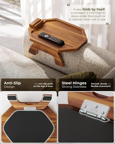 Miniatura 2 de BLUEWEST Bandeja para reposabrazos de sofá, mesa bandeja de madera de acacia que se engancha al brazo del sofá con soporte giratorio de 360°