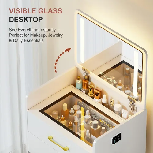Miniatura 6 de Lvifur Escritorio de tocador 3 en 1 con espejo abatible y luces, tocador compacto con parte superior de vidrio con 3 cajones y taburete rodante