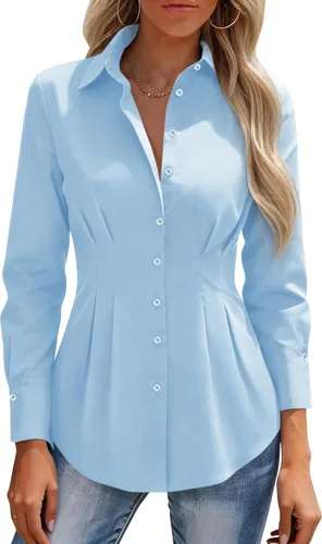 Miniatura 12 de siliteelon Camisas con botones para mujer, cintura ceñida, camisa de vestir de algodón de manga larga para negocios, casual, trabajo, oficina
