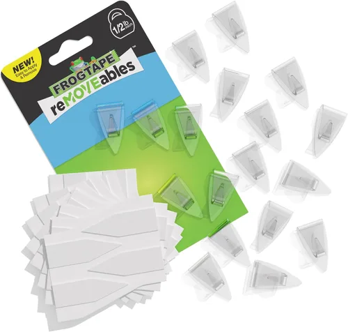 Miniatura 11 de FrogTape reMOVEables - Mini ganchos adhesivos para colgar, 18 ganchos transparentes y 24 tiras adhesivas, clips de interior sin daños para luces