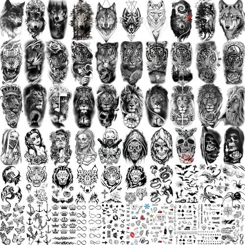 60 hojas de tatuajes temporales 3D de león y tigre geniales para hombres y mujeres, tatuajes falsos pequeños y aterradores de diablo, calavera,