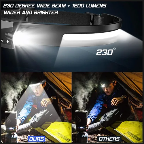 Miniatura 6 de Paquete de 8 faros delanteros recargables, linterna LED súper brillante con haz ancho de 230°, sensor de movimiento, 5 modos de lámpara de cabeza