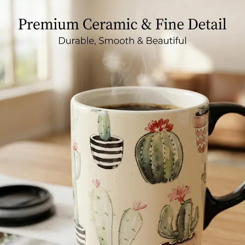 Miniatura 7 de Topadorn Taza de café de cerámica de 17 onzas con tapa, taza de cactus bohemio de acuarela, bonita taza de té de porcelana suculenta, apta