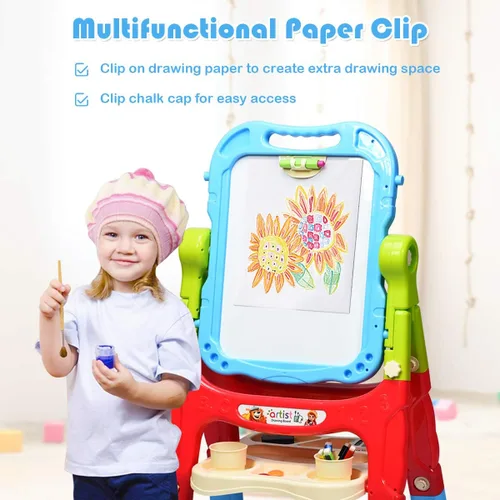 Miniatura 9 de Costzon Caballete de arte para niños, altura ajustable con rotación de 360°, tablero de dibujo de doble cara con pizarra y pizarra blanca, juego