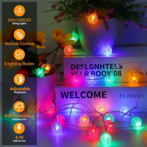 Miniatura 2 de Luces que cambian de color alimentadas por baterías, paquete de 2 unidades en total de 66 pies, 200 luces LED coloridas con control remoto, 8 modos