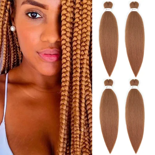 Miniatura 14 de SOKU - Cabello trenzado rojo preestirado de 24" de largo, 4 paquetes de fibra sintética trenzada con ganchillo, textura suave Yaki recta 4 paquetes