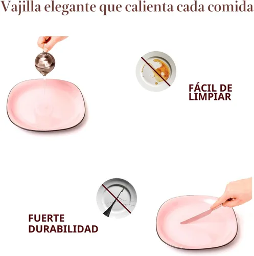 Miniatura 4 de juego de vajilla de cerámica de 16 piezas en forma cuadrada, interior rosa brillante + exterior negro mate