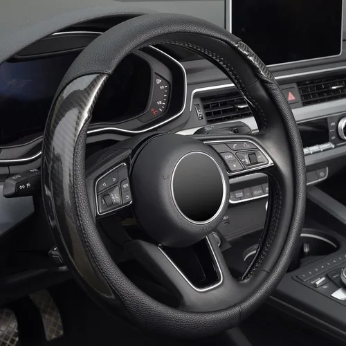 Miniatura 10 de ZHOL - Funda para volante de fibra de carbono, tamaño estándar universal de 37-38 cm, accesorios de moda y deporte para volante de coche para Negro