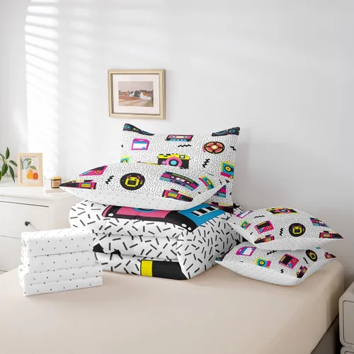 Miniatura 6 de Erosebridal Juego de ropa de cama de cassette vintage de los años 80 y 90, juego de edredón de 7 piezas para niños y adultos, retro, amarillo