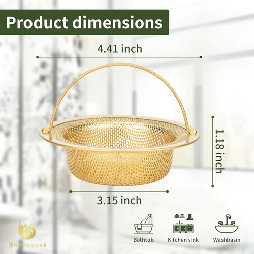 Miniatura 6 de Snailhouse Coladores para fregadero, paquete de 2 cestas de drenaje de malla de acero inoxidable de 4.5 pulgadas con borde ancho y asa, color dorado