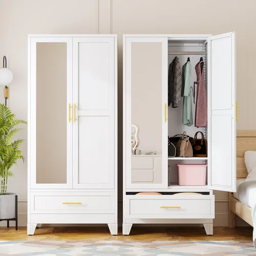 Miniatura 17 de Ckzbx Armario Ropero de Metal de 71" de Alto con Espejo, Estantes Ajustables, Barra para Secar Ropa, Gabinete Ropero de Acero para Dormitorio (Negro)