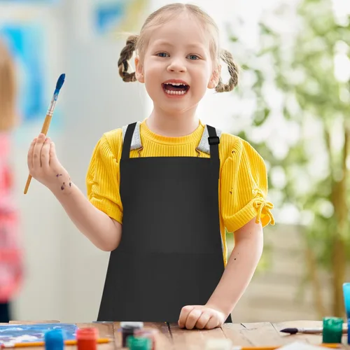 Miniatura 6 de Juego de 15 delantales para niños, delantal ajustable para niños con 2 bolsillos, delantal de chef para niños para pintar, cocinar, hornear, Negro
