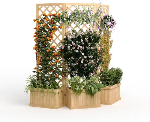 Miniatura 14 de GarveeLife Paquete de 2 macetas altas de madera con enrejado, cama de jardín elevada de 61.5 pulgadas de alto sobre ruedas, maceta vertical