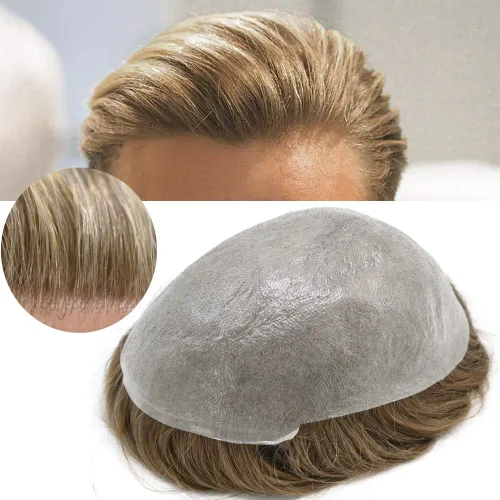 Miniatura 28 de Tupé para hombre, extensiones de cabello humano Remy para hombre, piel fina, 0.002 in, sistema de reemplazo de cabello con bucle en V para hombres