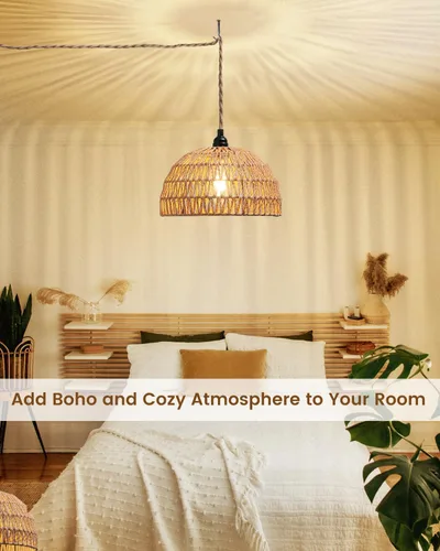 Miniatura 5 de Lámpara colgante de ratán, luces colgantes bohemias, cable de enchufe, luz colgante de ratán, enchufe en la pared, interruptor de encendido/apagado