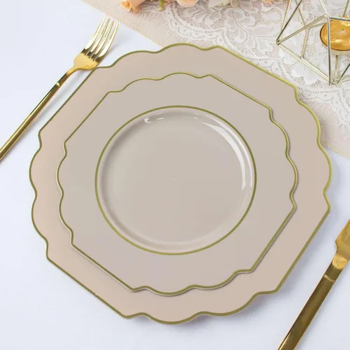 Miniatura 13 de Efavormart - Paquete de 10 platos de postre de plástico color rosa canela de 8 pulgadas, con borde dorado barroco, platos de ensalada desechables