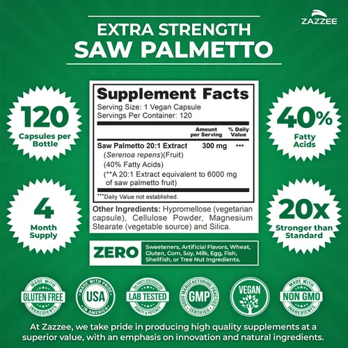 Miniatura 2 de Zazzee Extracto de Saw Palmetto 20:1 Extra Fuerte, 6000 mg de Fuerza, 40% Ácidos Grasos, 120 Cápsulas Veganas, Suministro de 4 Meses, Extracto