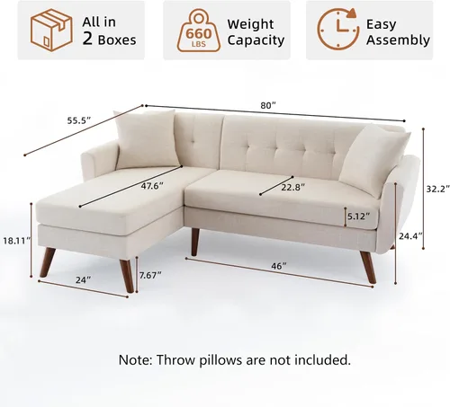 Miniatura 2 de Tbfit Sofá en Forma de L, Sofás Seccionales Modernos de Mediados de Siglo de 80" de Ancho, Sofás de 3 Plazas con Chaise Lounge Amplio, Sofá Beige