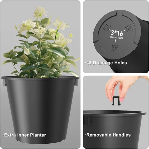 Miniatura 7 de Kante Juego de 2 macetas redondas altas de 23 pulgadas de alto, macetas decorativas grandes para exteriores, interiores, jardín, patio, porche Negro