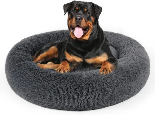 Miniatura 20 de Cama para perros, cama calmante para gatos, cama de felpa de piel sintética con forma de rosquilla para mascotas, cama redonda para perros y gatos