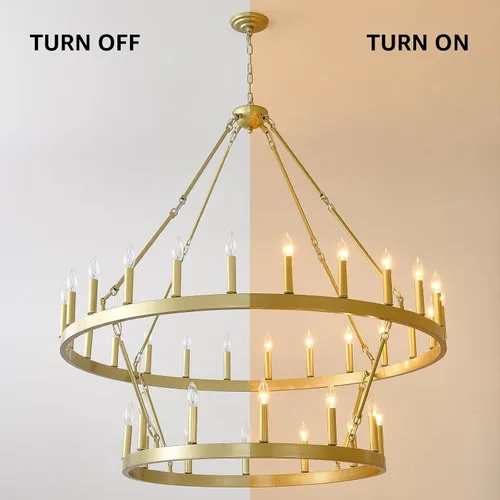 Miniatura 2 de EGM Candelabro dorado de 48 pulgadas con rueda de carro de 2 niveles, 36 luces grandes de color dorado cepillado estilo granja, lámparas de techo