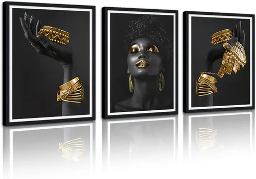 Miniatura 68 de MAMAGO Lienzo decorativo para pared, pintura de belleza dorada y negra, fotos de mujeres africanas, hermosos pósteres de mujer negra, impresiones