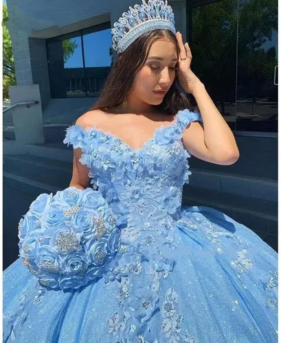 Ftupza Preciosos vestidos de quinceañera florales 3D vestidos de tul hinchados para mujeres fuera del hombro vestido de fiesta largo FFtu09
