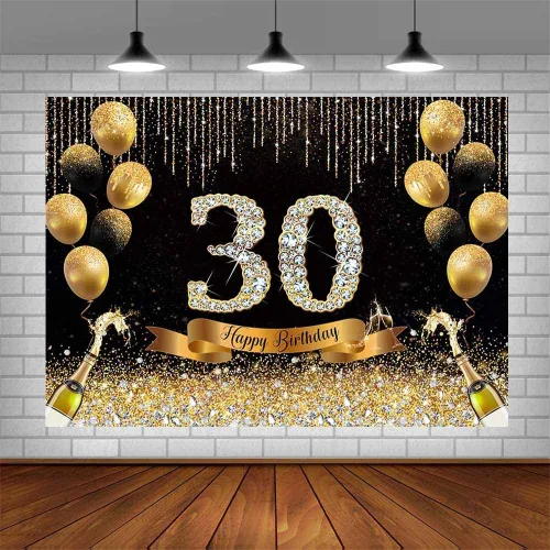 Miniatura 5 de AIBIIN Telón de fondo de 30 cumpleaños negro y dorado de 7 x 5 pies con texto en inglés "Cheers to 30" Anniversary Photography Background Women Gold