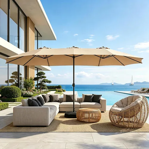 Miniatura 19 de Sombrilla de doble cara para patio de 15 x 9 pies con base y manivela, sombrilla rectangular extragrande para patio, césped y jardín, beige