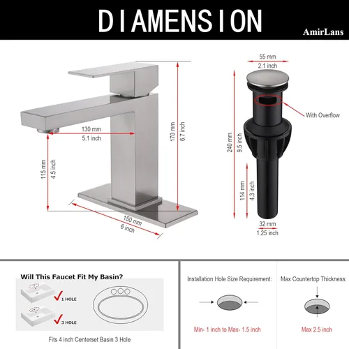Miniatura 2 de Grifo de baño de un solo agujero, grifo de baño de acero inoxidable de níquel cepillado con tapón emergente, grifo de lavabo de baño AML-1141-BN