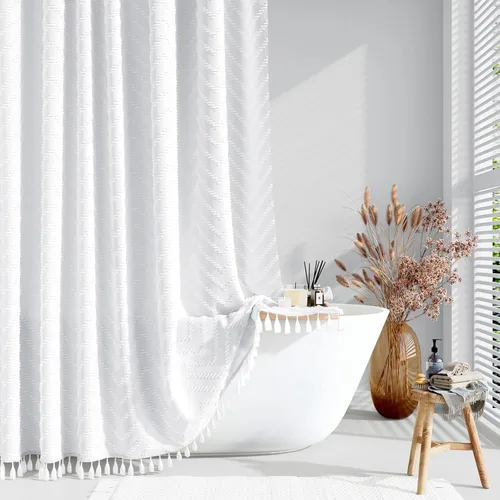 Miniatura 8 de Dynamene - Cortina de ducha de tela bohemia con rayas con chebrón en relieve, juego de cortina angosta para baño, media cortina impermeable