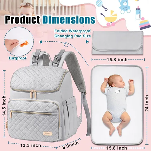Miniatura 2 de Weitars Mochila para pañales grande con cambiador, mochila para pañales de viaje, bolsa de bebé para niños y niñas, correas de cochecito, 5 Gris